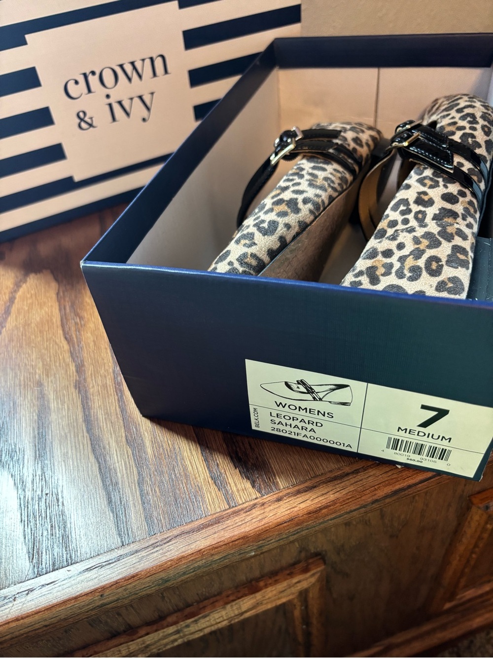 crown & ivy Leopard Print Slip-On Flats with Black Patent Trim